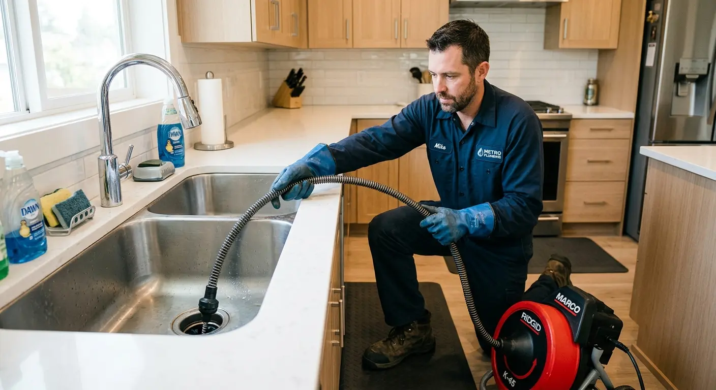 Drain cleaning technician using a motorized snake on a kitchen sink in Martinsburg