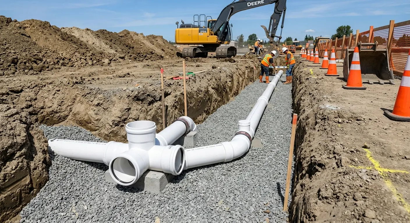 New PVC sewer pipe installation in open trench for Sewer Backup in Martinsburg