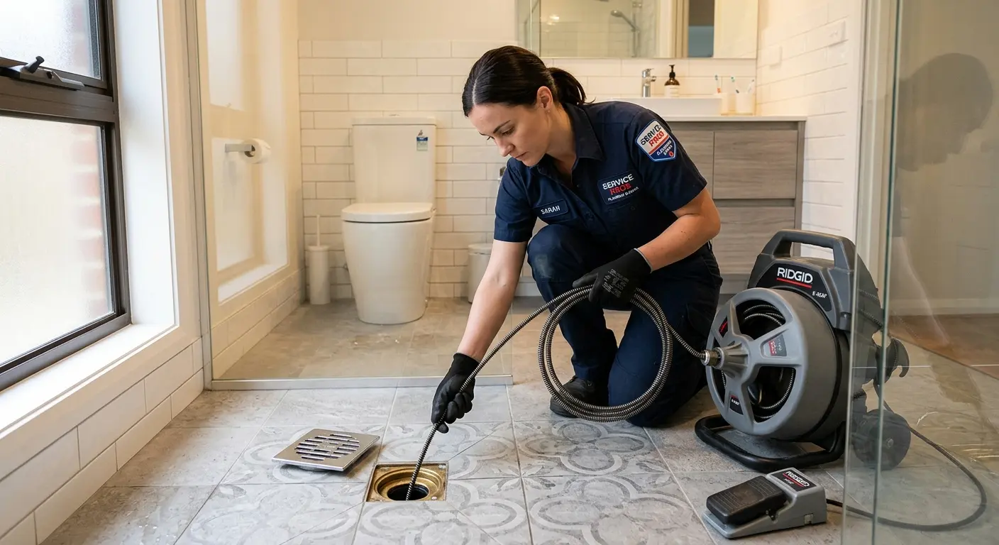 Technician clearing a bathroom floor drain for Drain Repair in Martinsburg